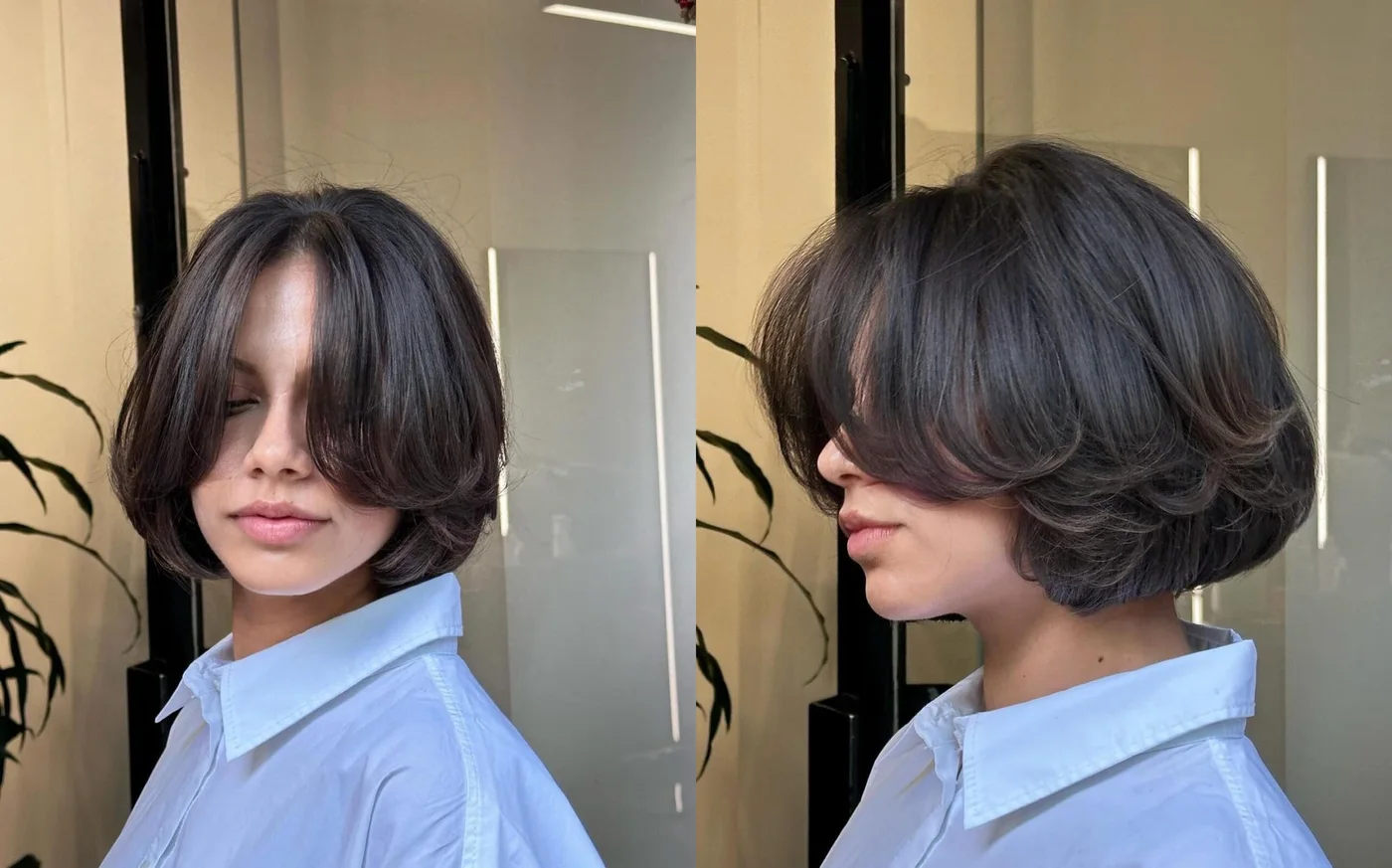 shoulder wavy chestnut bob with curtain fringe shown as a lob haircuts for thin hair idea