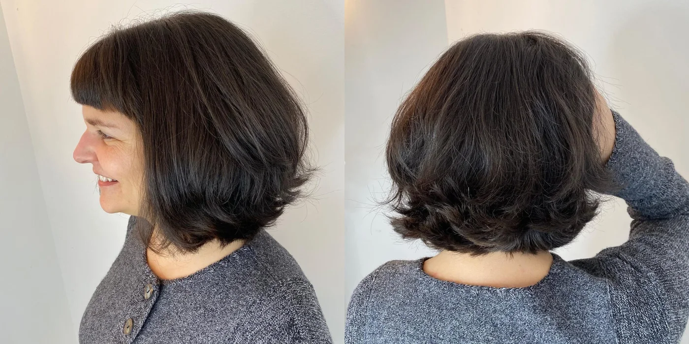 shoulder wavy chestnut bob with blunt fringe shown as a lob haircuts for thin hair idea