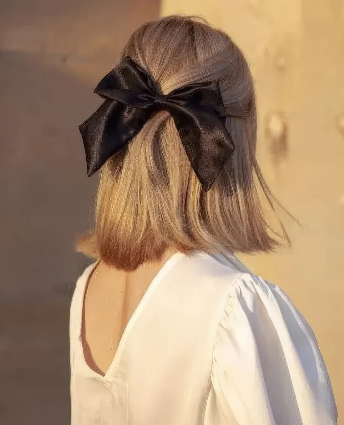 Classic half updo with some hair down and a black silk bow are a lovely combo for any look, it's super stylish.