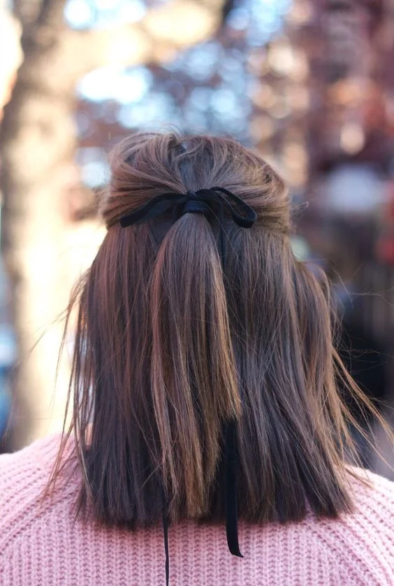 Photo showing easy half updo hairstyle, with the hairstyle clearly visible.