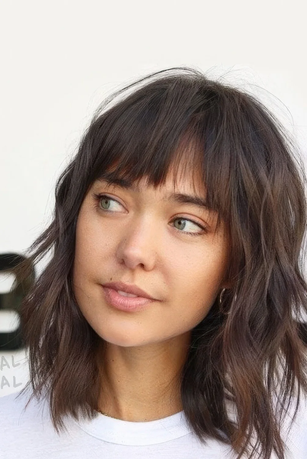 Dark brunette wavy medium-length hairstyle with shaggy layers and wispy bangs.