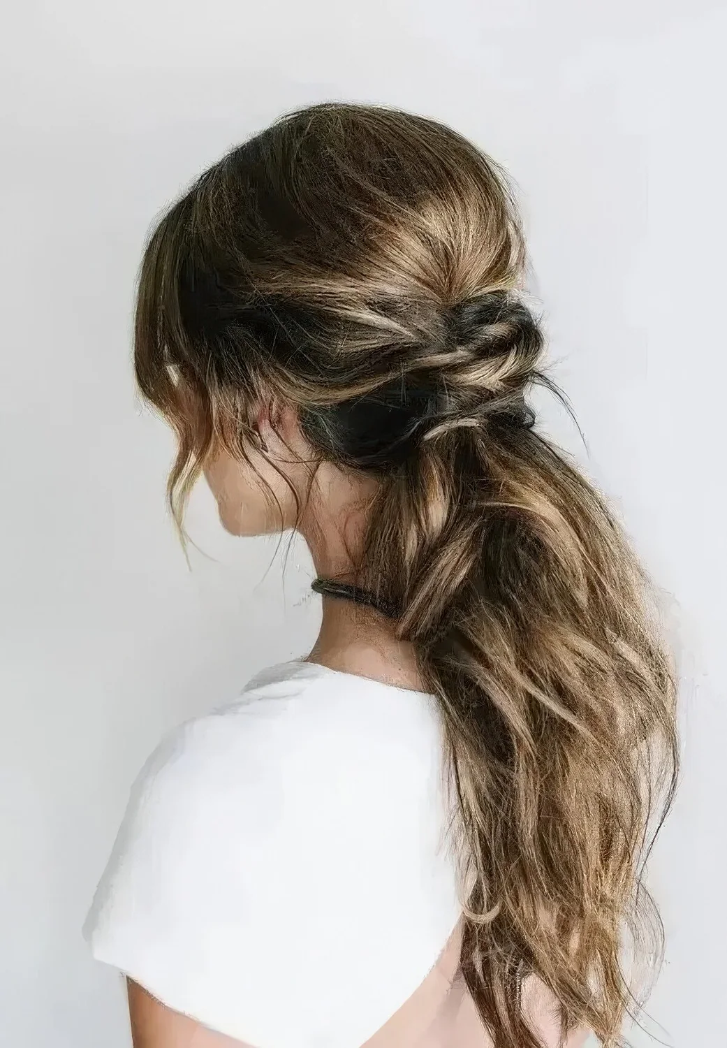Messy low ponytail with a twisted part and some locks down.