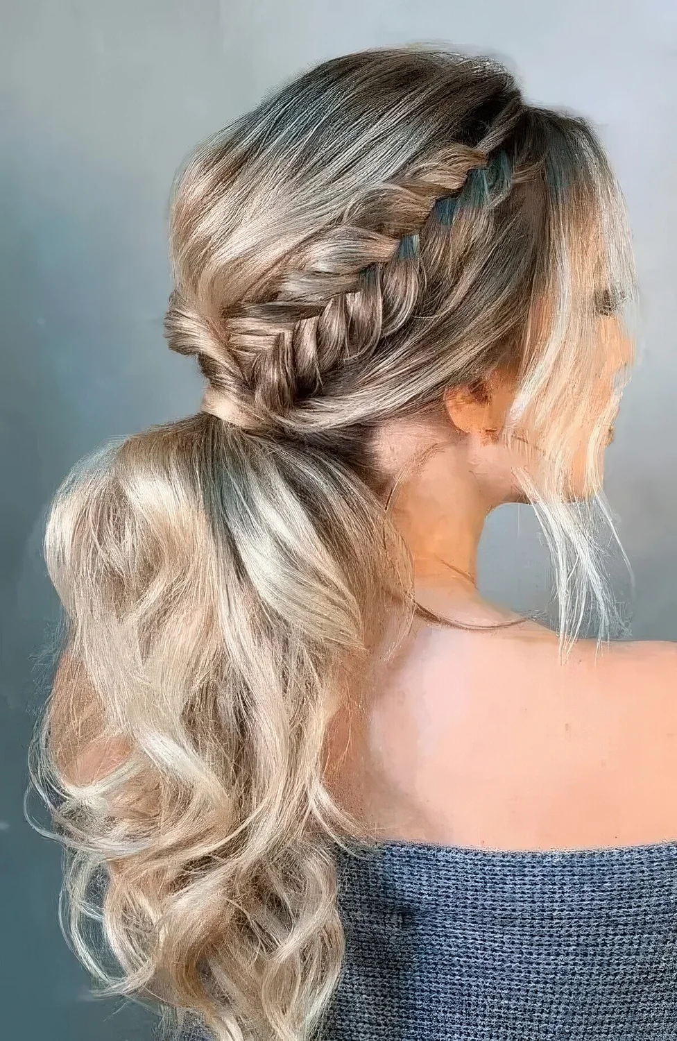 Wavy low ponytail with a bump on top, a braided halo and locks framing the face.