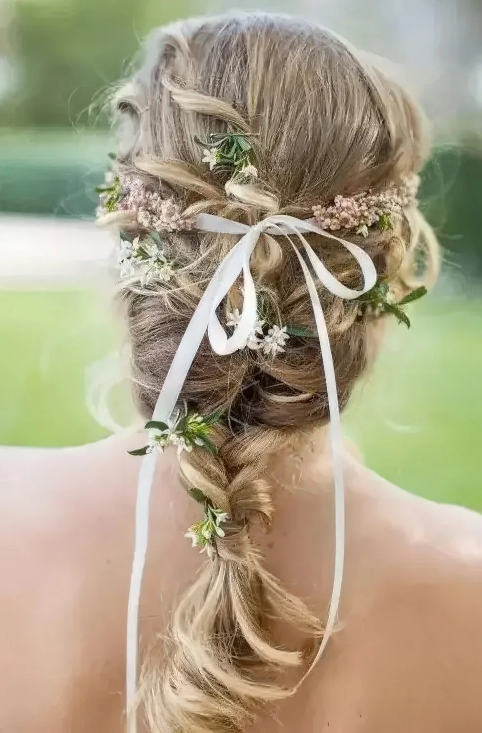 Braid with some curls and some blooms and greenery plus a thin ribbon.
