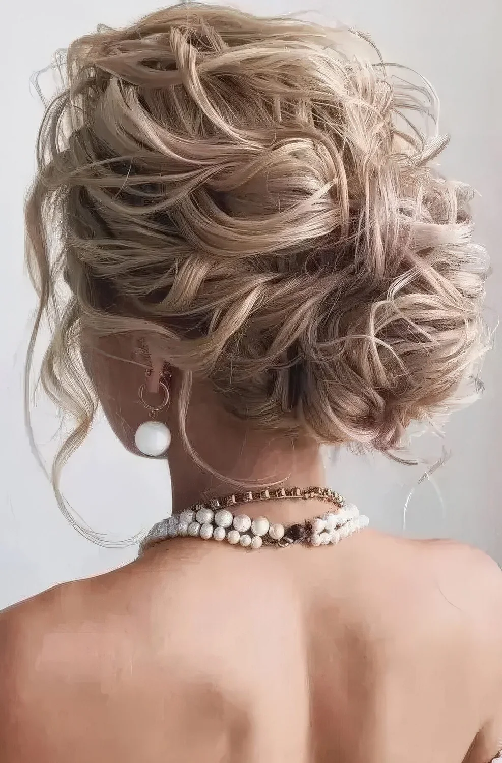 Messy wavy wedding low bun with a wavy top, some locks down.
