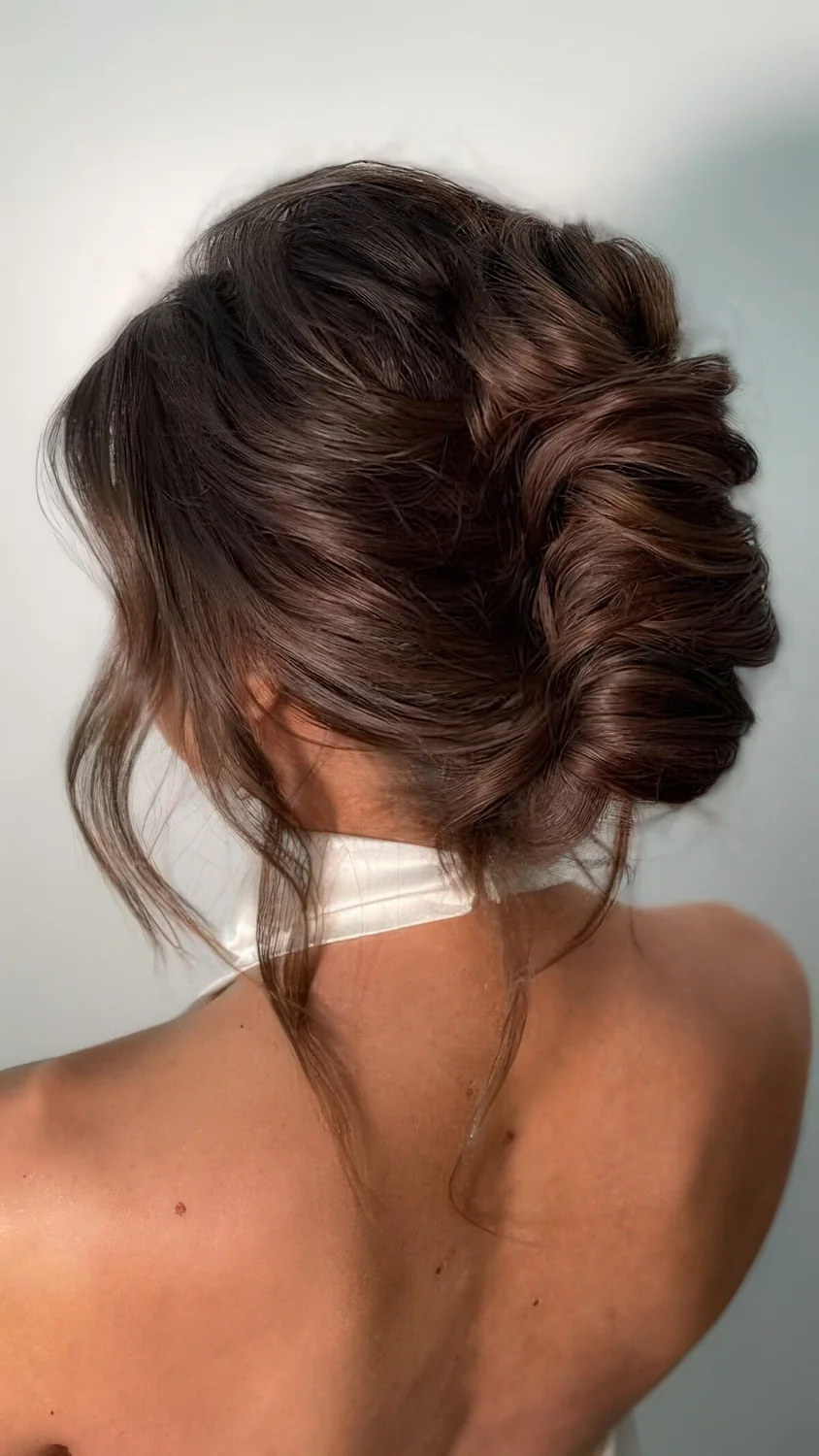 Chic French twist updo with a voluminous top and waves down.