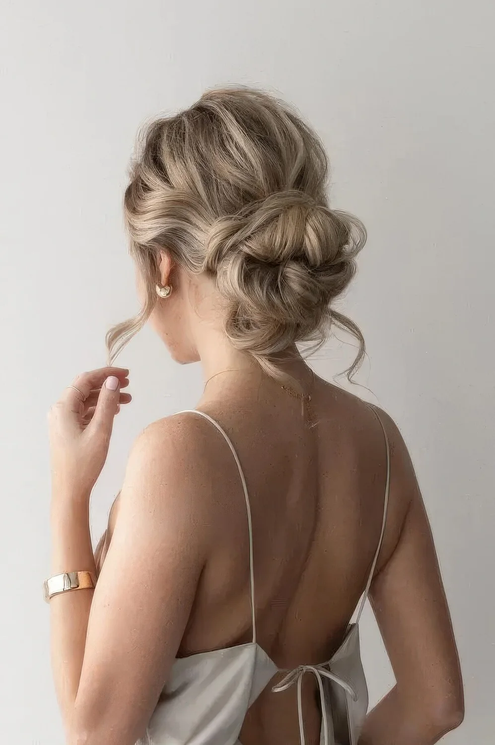 Messy woven low bun with a wavy top, some hair down and face frmaing locks.