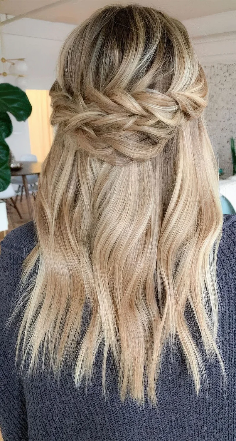 Classic half updo with a bump on top and a double braided halo plus some waves down.