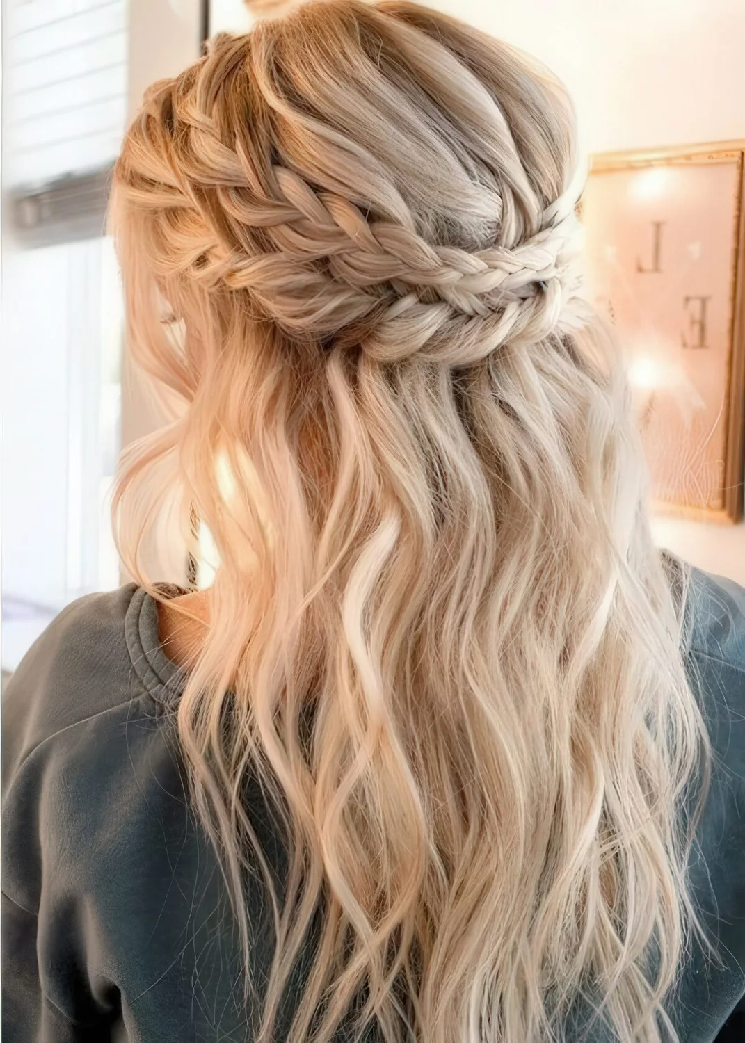 Romantic half updo with a double braided halo and waves plus bangs for parties.