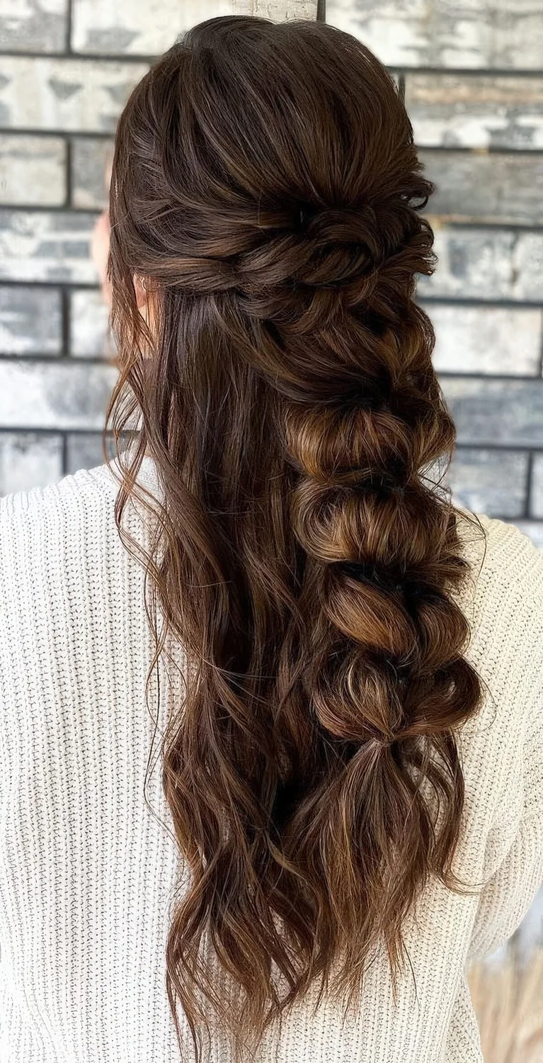 Long and volumetric hair with a double twisted halo, a chunky loose braid and waves down plus a bump on top.