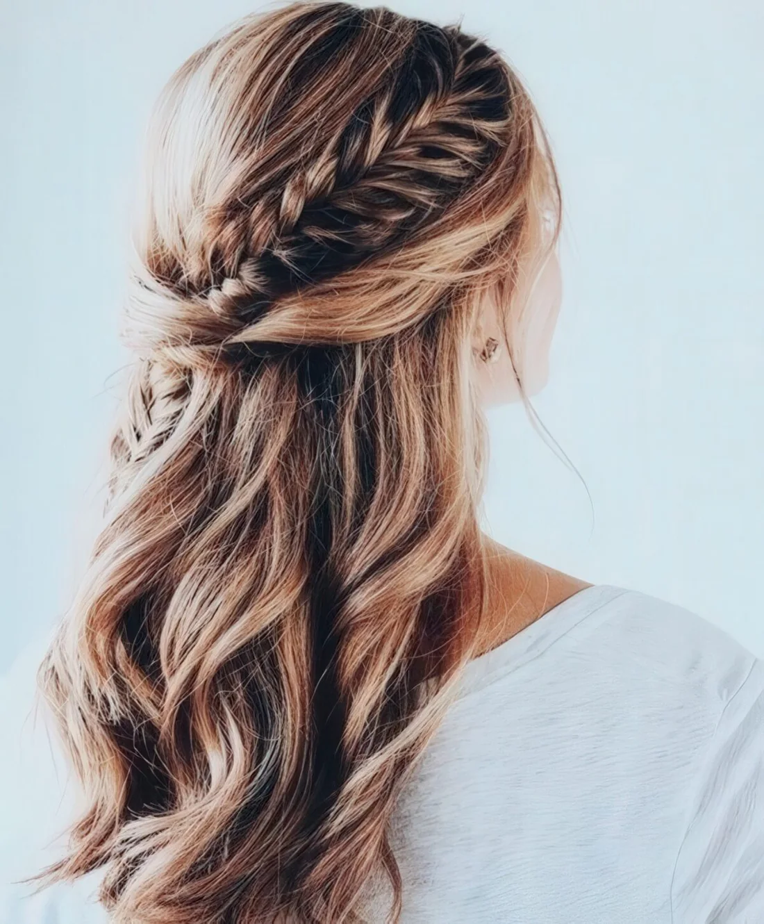 Half updo with waves and a single side braid tucked into the twists.