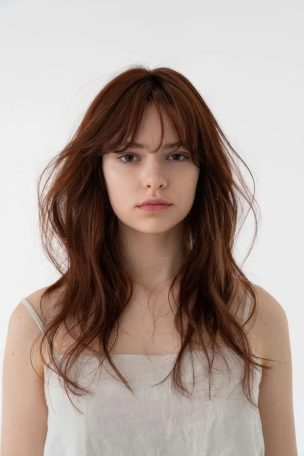 Long and wavy layered cinnamon colored hair with wispy bangs.