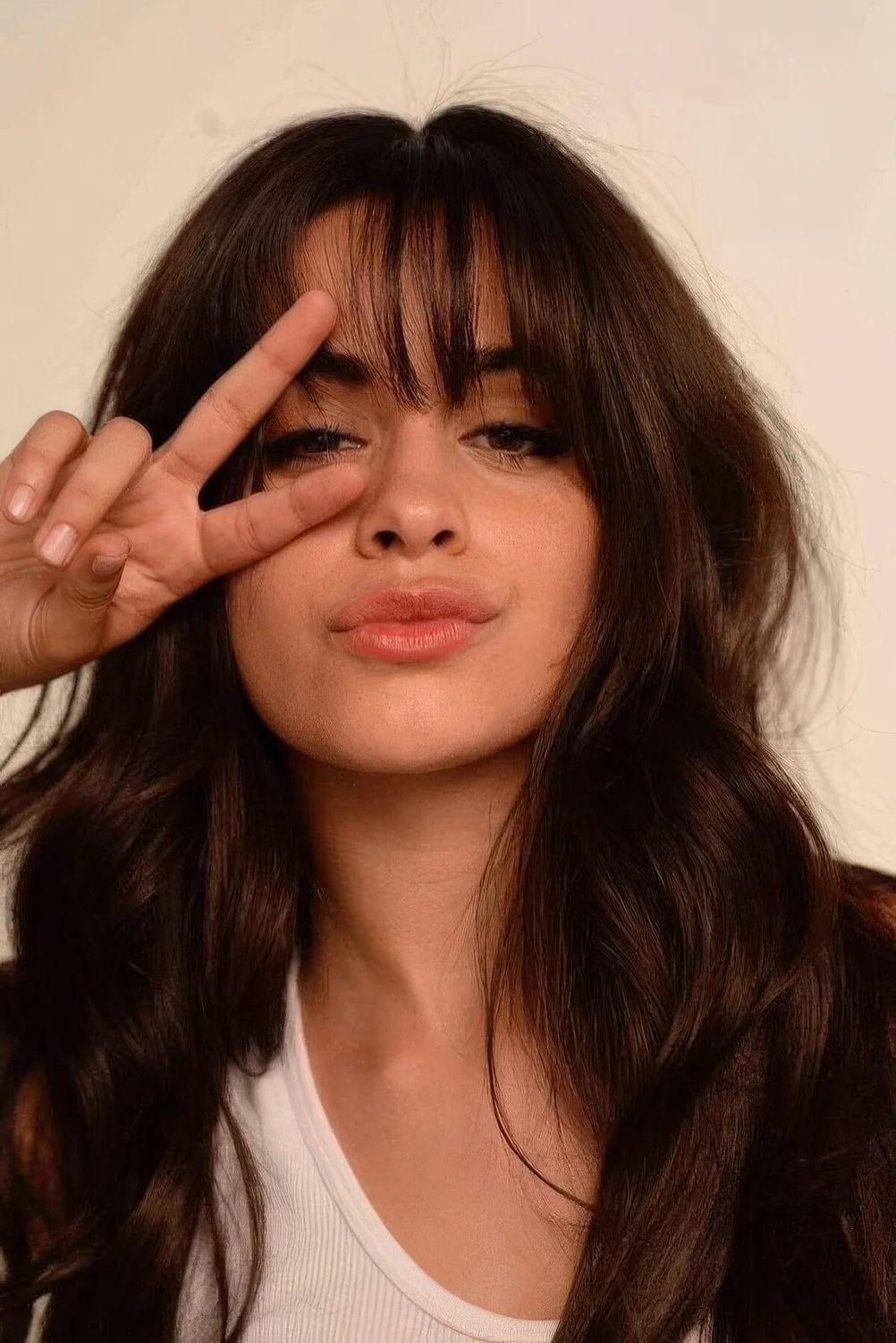 Long dark brown hair with waves and wispy bangs.