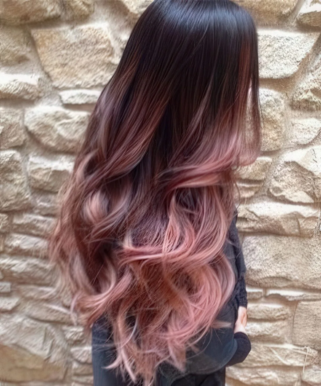 Ombre hair from dark to burgundy and rose with layers, cascade and waves.