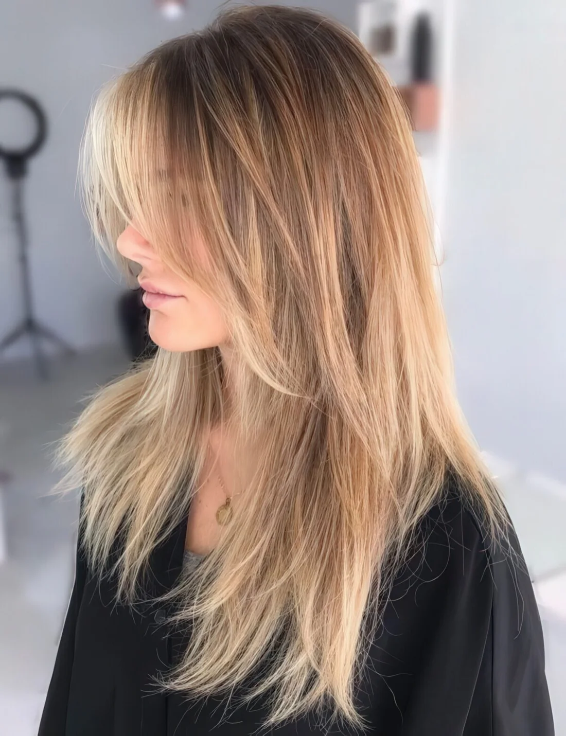 Long layered haircut with caramel balayage and shaggy touches for a wow look.