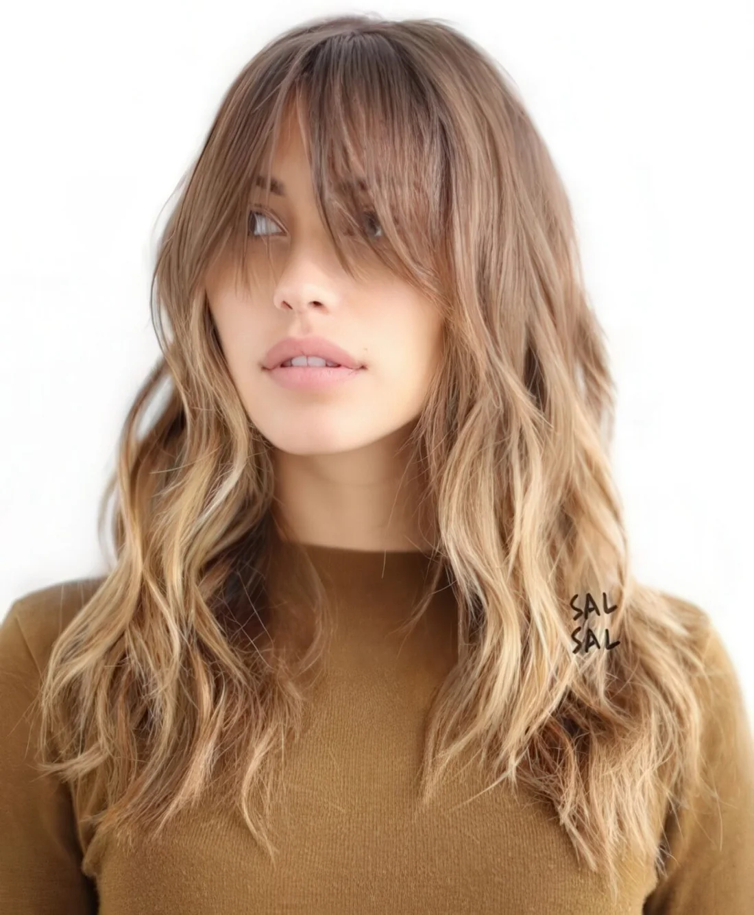 Long lyered haircut with a light ombre and long bangs plus messy waves.