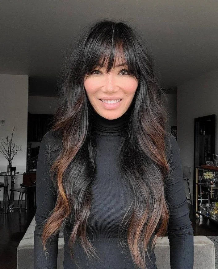 Photo showing wispy bangs and highlights, with the hairstyle clearly visible.