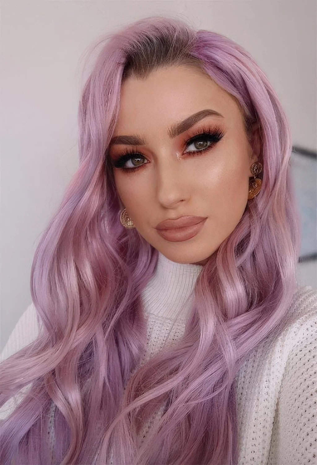 Long lilac hair with volume and waves.