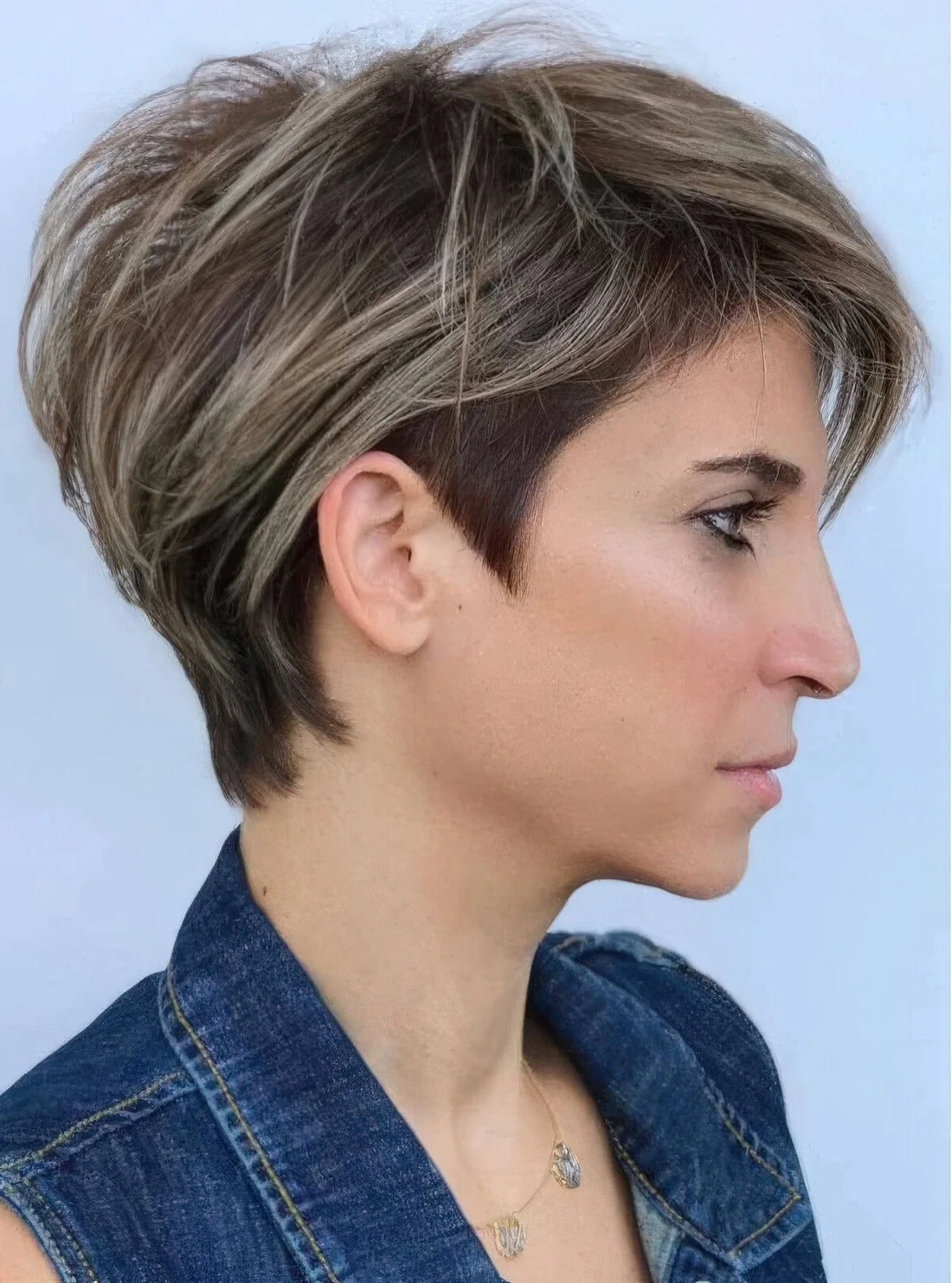 Photo showing long layered pixie, with the hairstyle clearly visible.