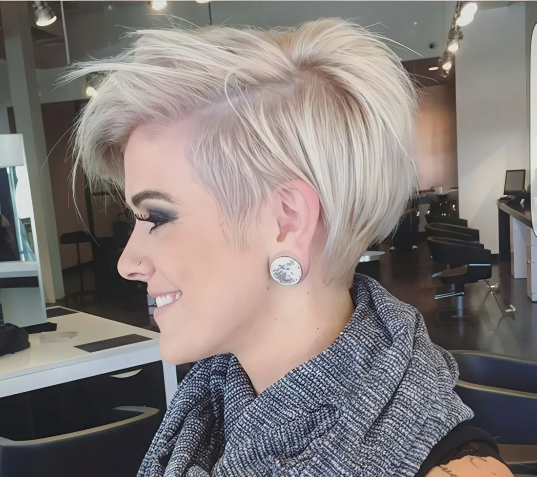 Side swept longer pixie haircut with a side fringe.