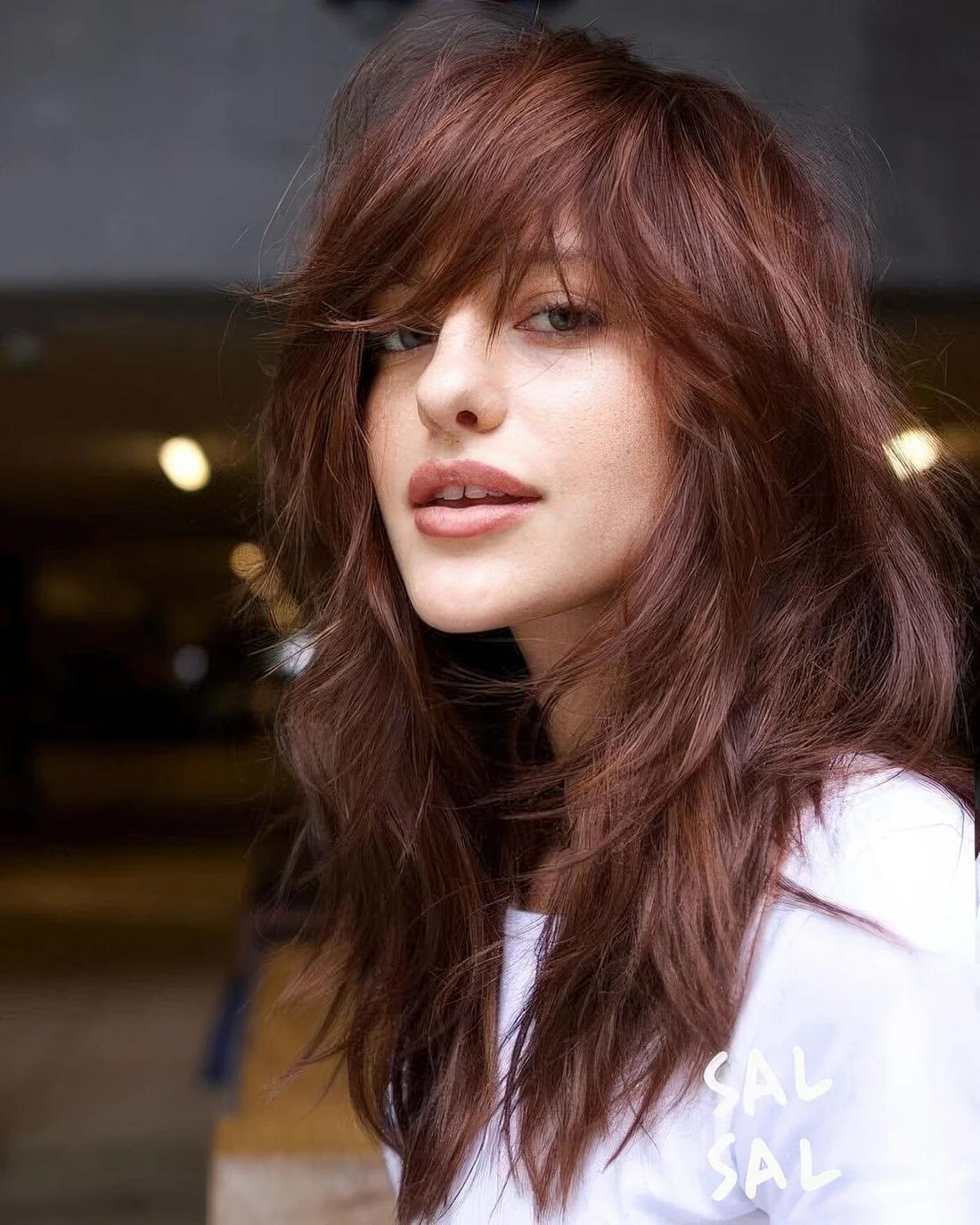 Burgundy long wolf cut with outgrown bangs and a messy volume.