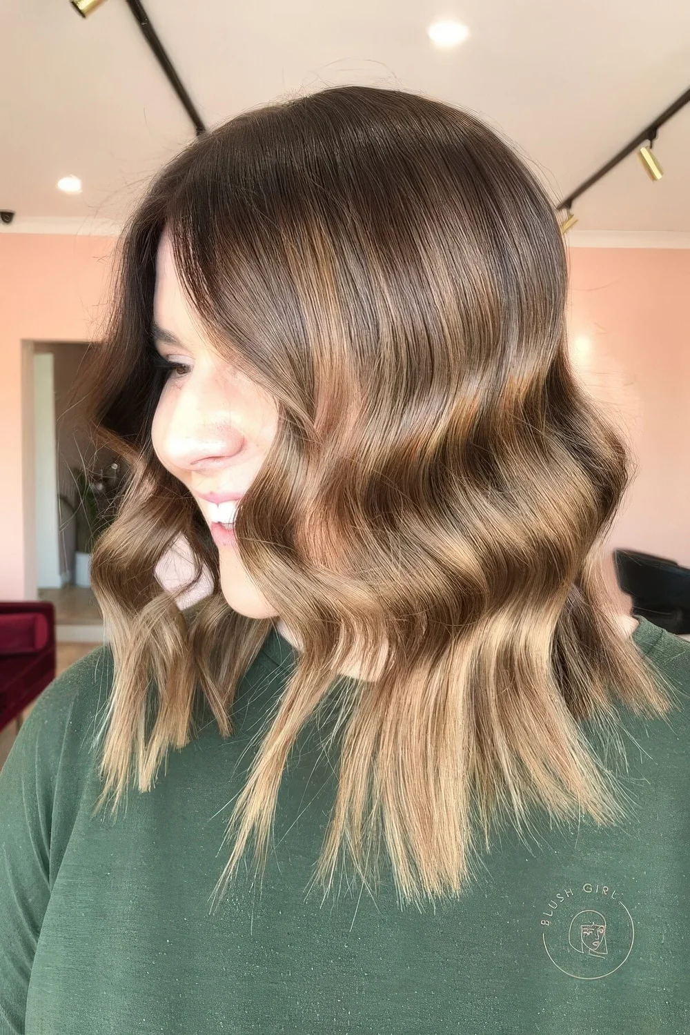 Dark brunette hair with caramel balayage.