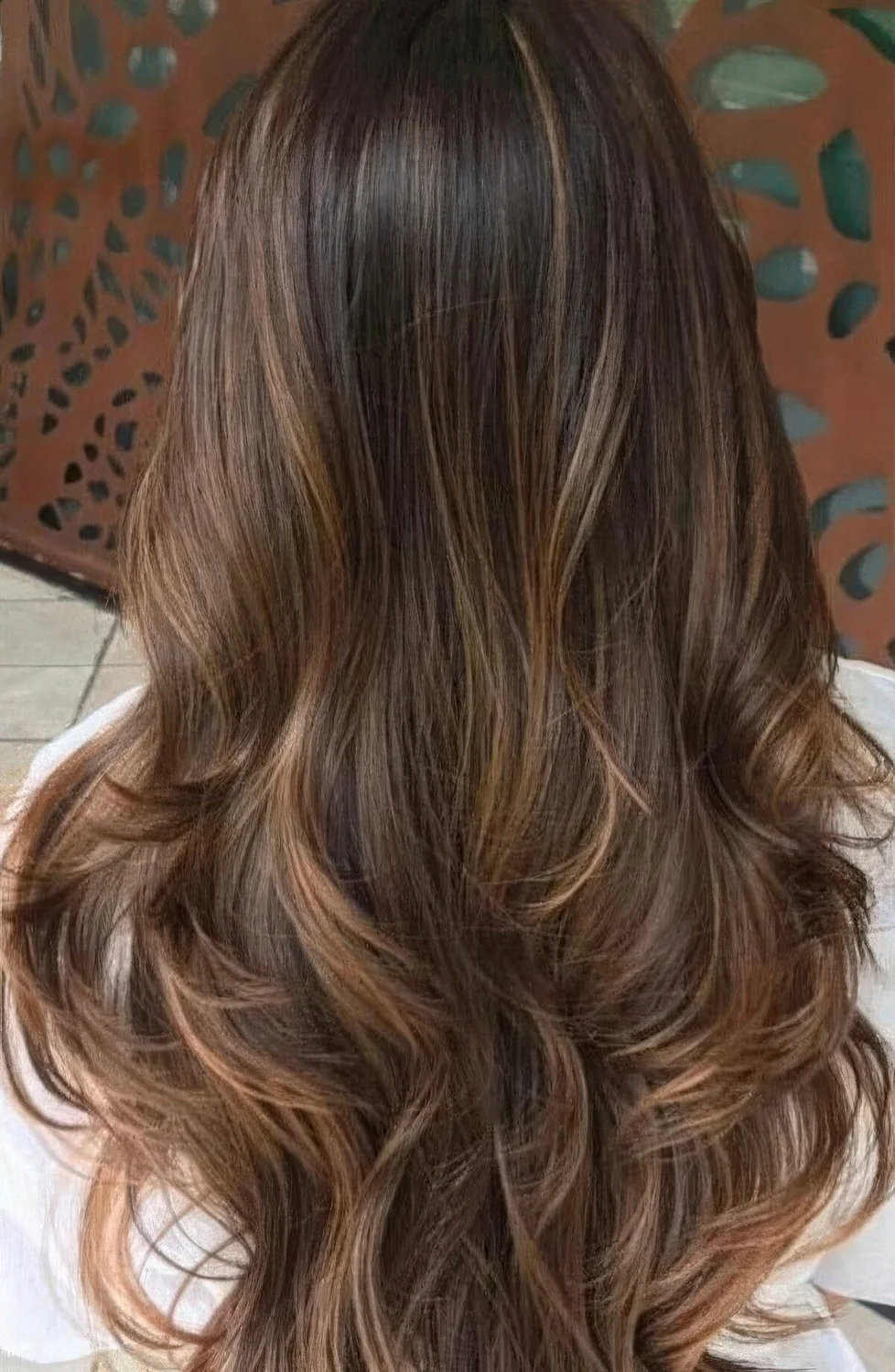 Long dark brown hair with delicate caramel babylights and mathing ends for a dimensional and eye catchylook.