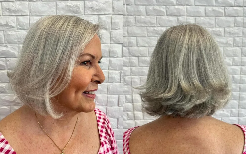 neck wavy silver bob shown as a low maintenance hairstyles for 60 year old woman with fine hair idea, featuring wavy texture