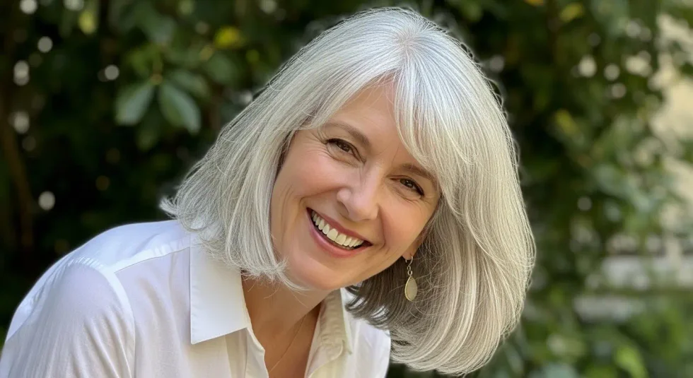 chin straight silver bob shown as a low maintenance hairstyles for 60 year old woman with fine hair idea, featuring center part