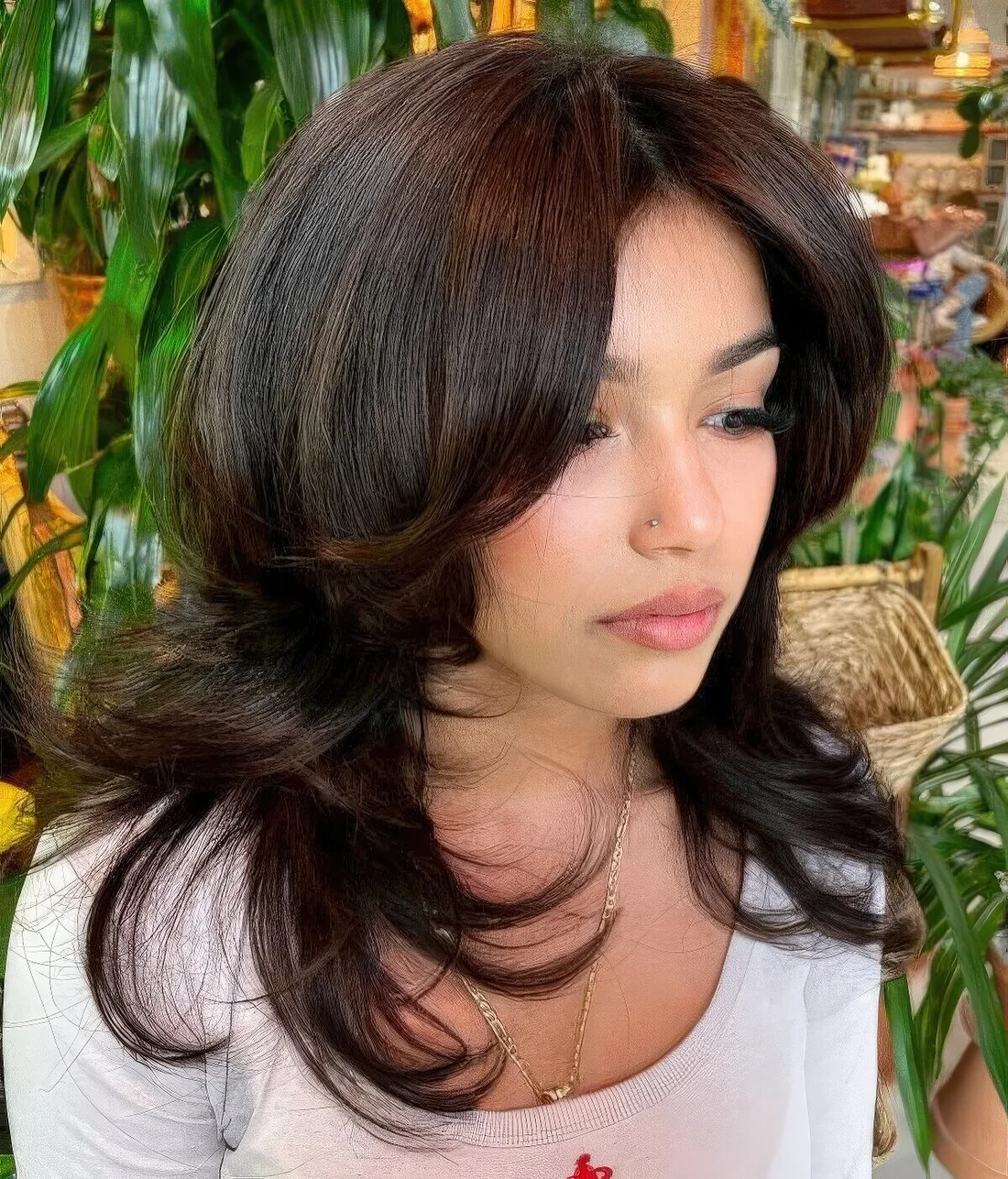 Black medium butterfly haircut with a lot of volume and curled ends.