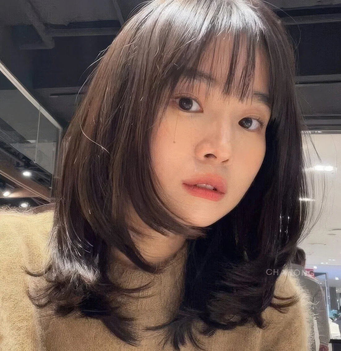 Dark brunette butterfly haircut with curled ends and wispy bangs plus a glossy touch.