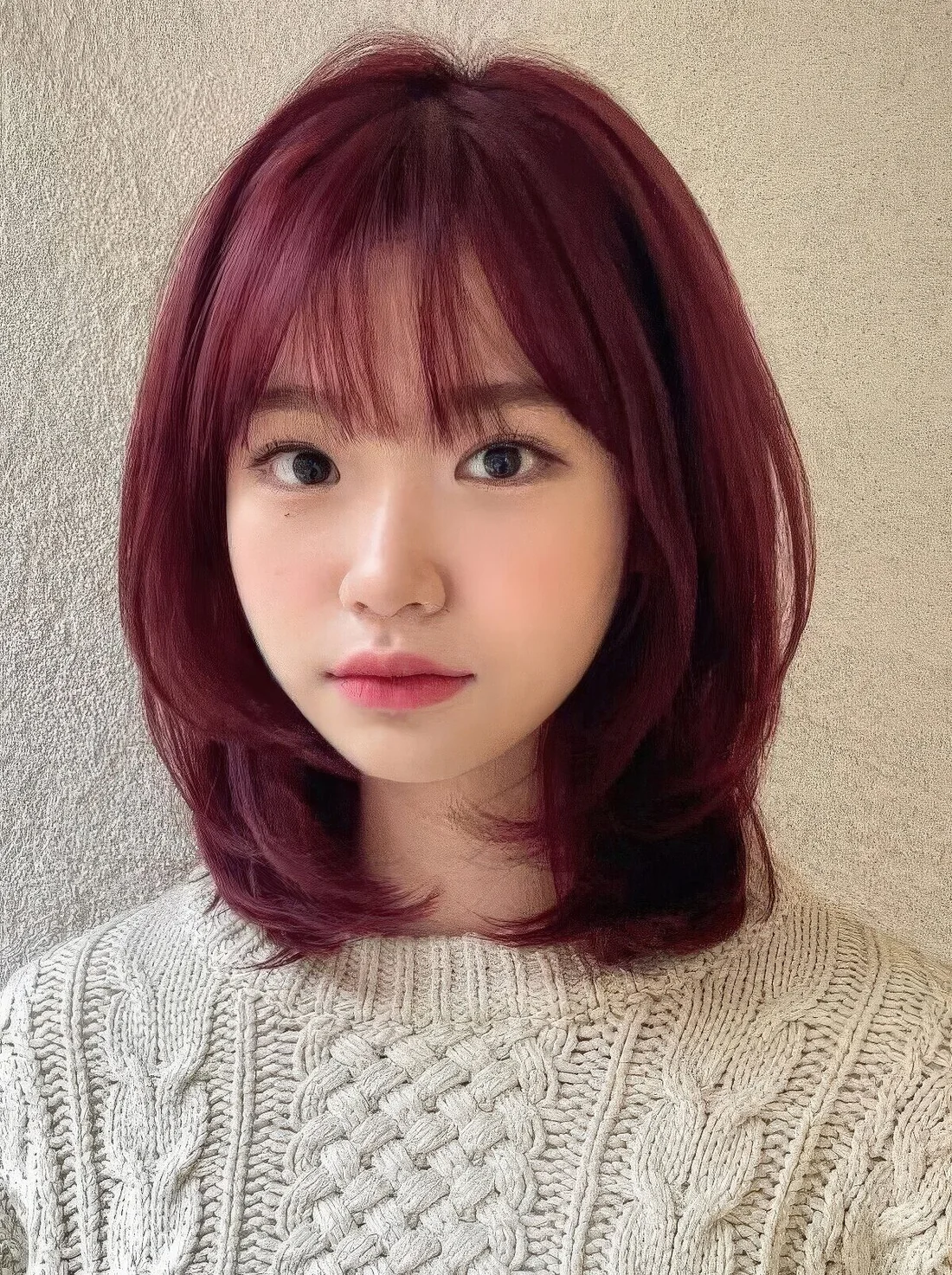 Medium-length purple butterfly haircut with wispy bangs and curled ends.