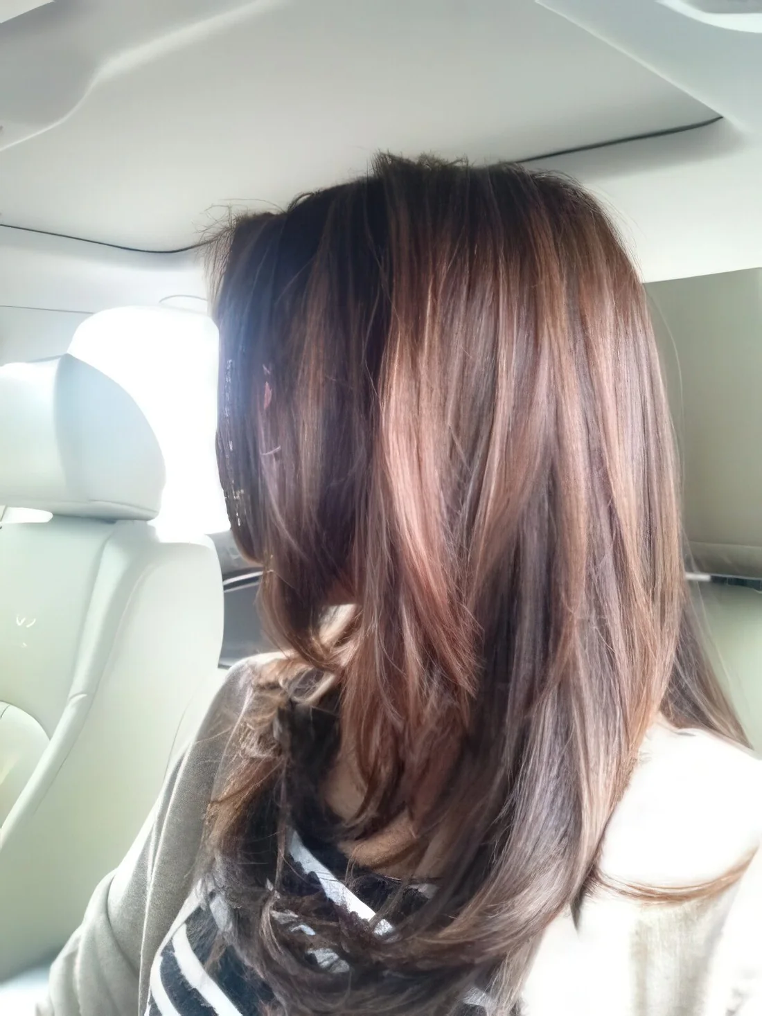 Medium-length hair with auburn highlights and a cool texture and volume.