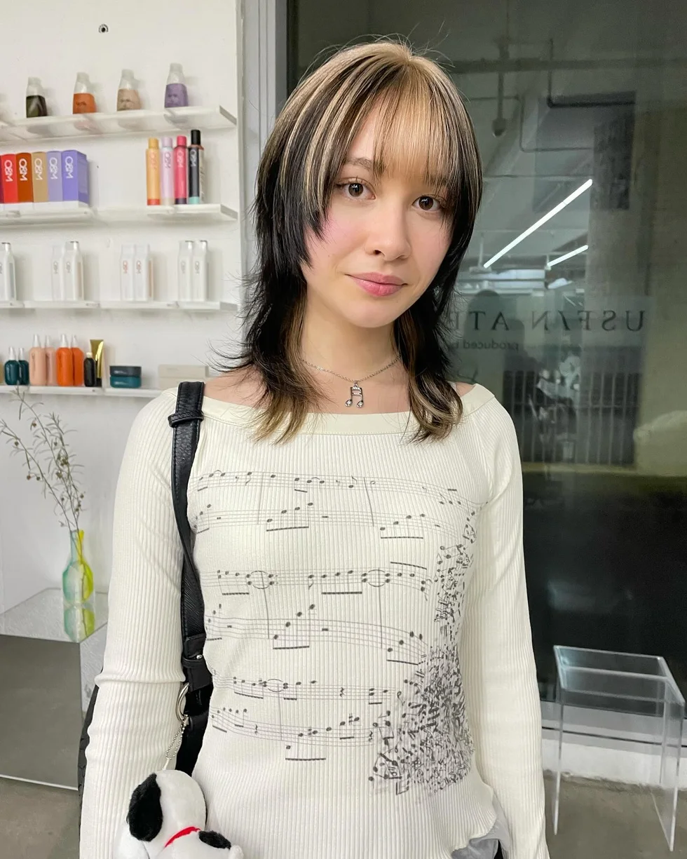 shoulder straight ash shag with wispy fringe shown as a medium length haircuts for thick hair idea
