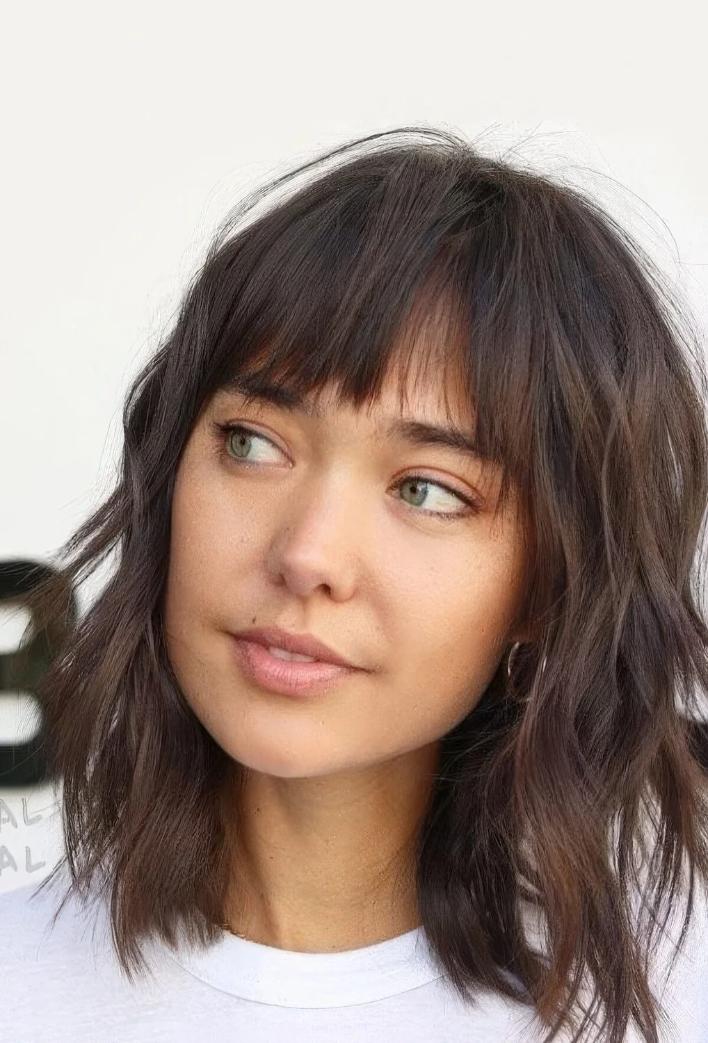 Dark brunette wavy medium-length hairstyle with shaggy layers and wispy bangs.
