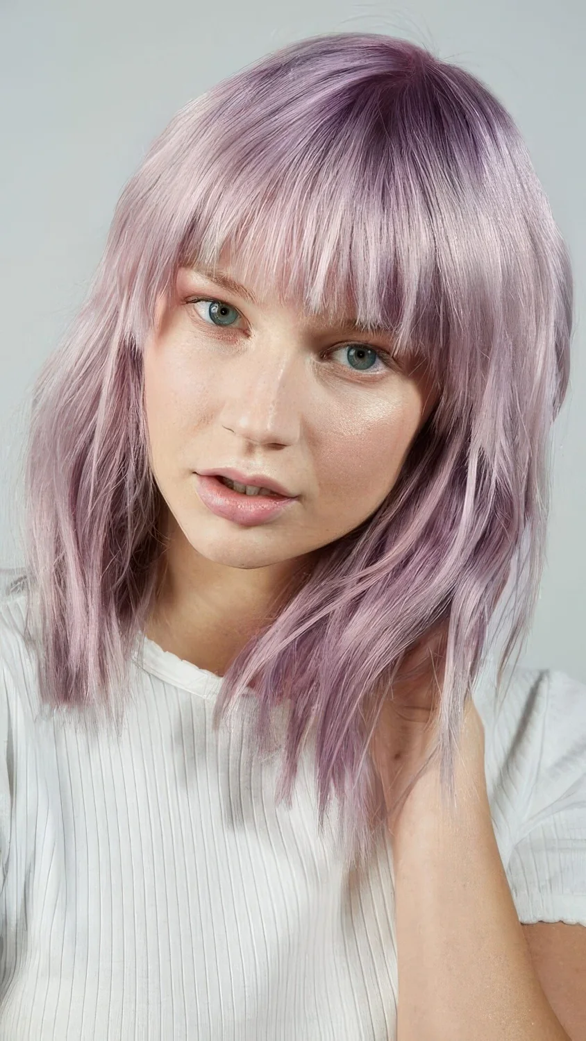 Medium-length lavender silver hair with a classic fringe and shaggy layers.