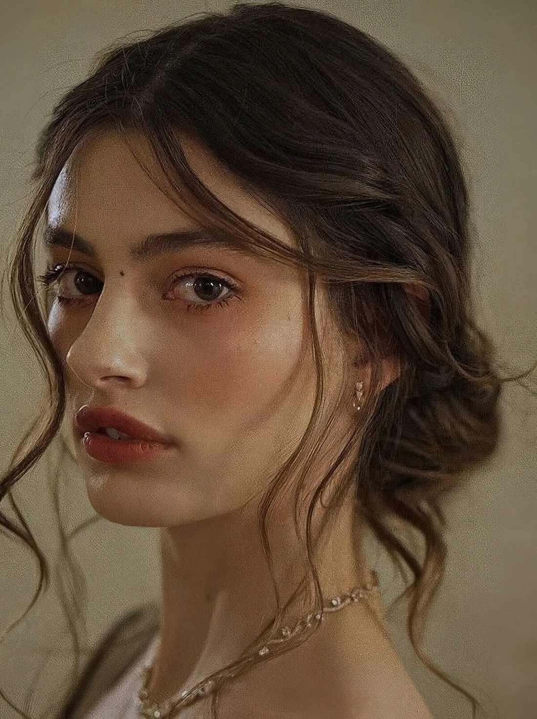 Messy low bun with center part and face-framing hair plus some hair down for a chic and lovely wedding look.