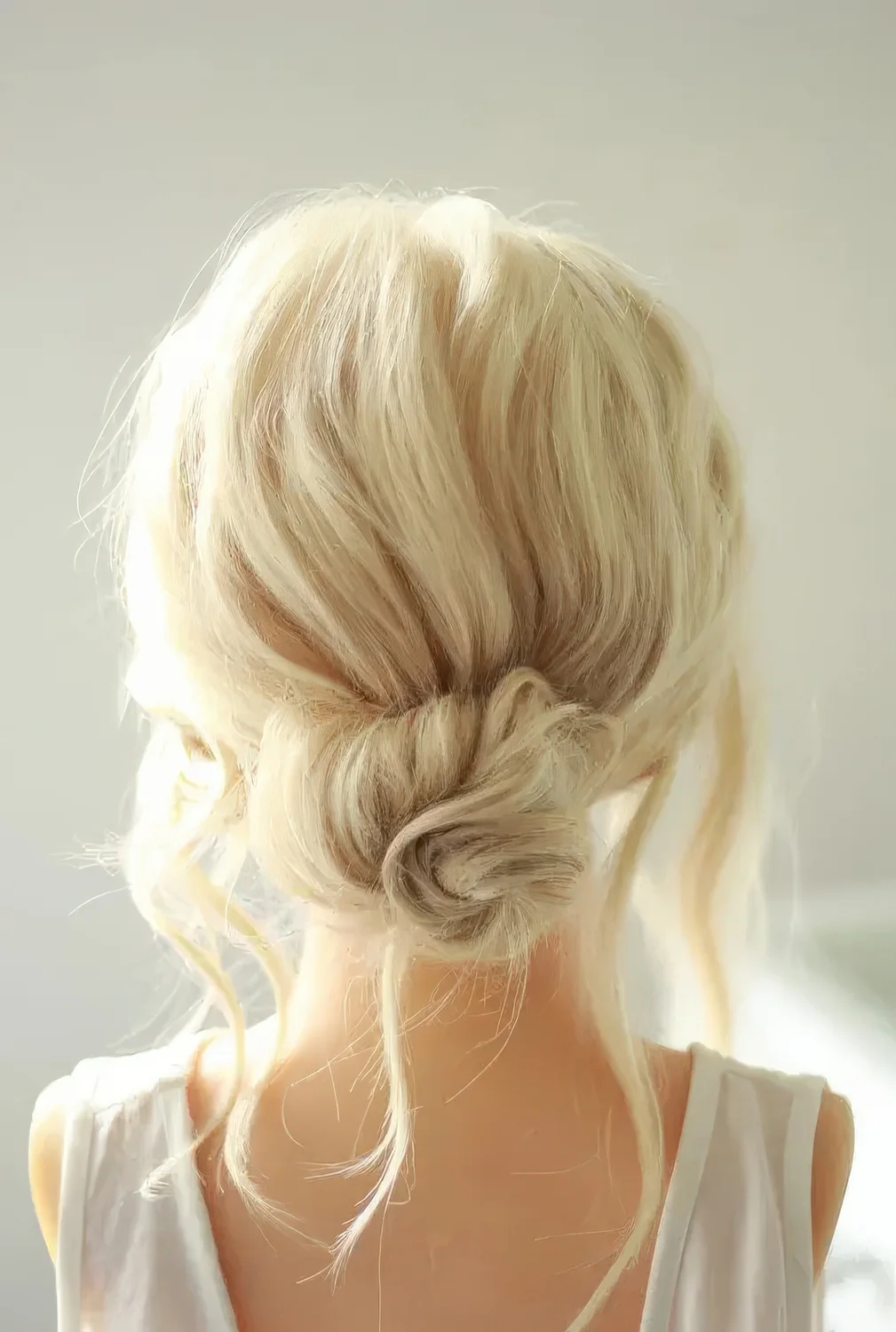 Messy twised low bun with a messy bump on top and some locks down.