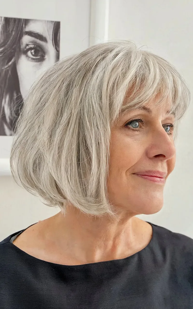 ear straight silver pixie with side swept fringe shown as a messy haircuts for women over 60 idea