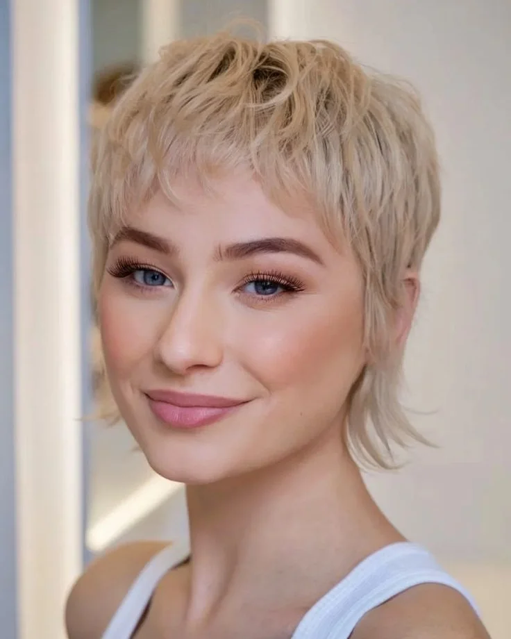 ear straight blonde pixie with micro fringe shown as a messy pixie cut with bangs idea