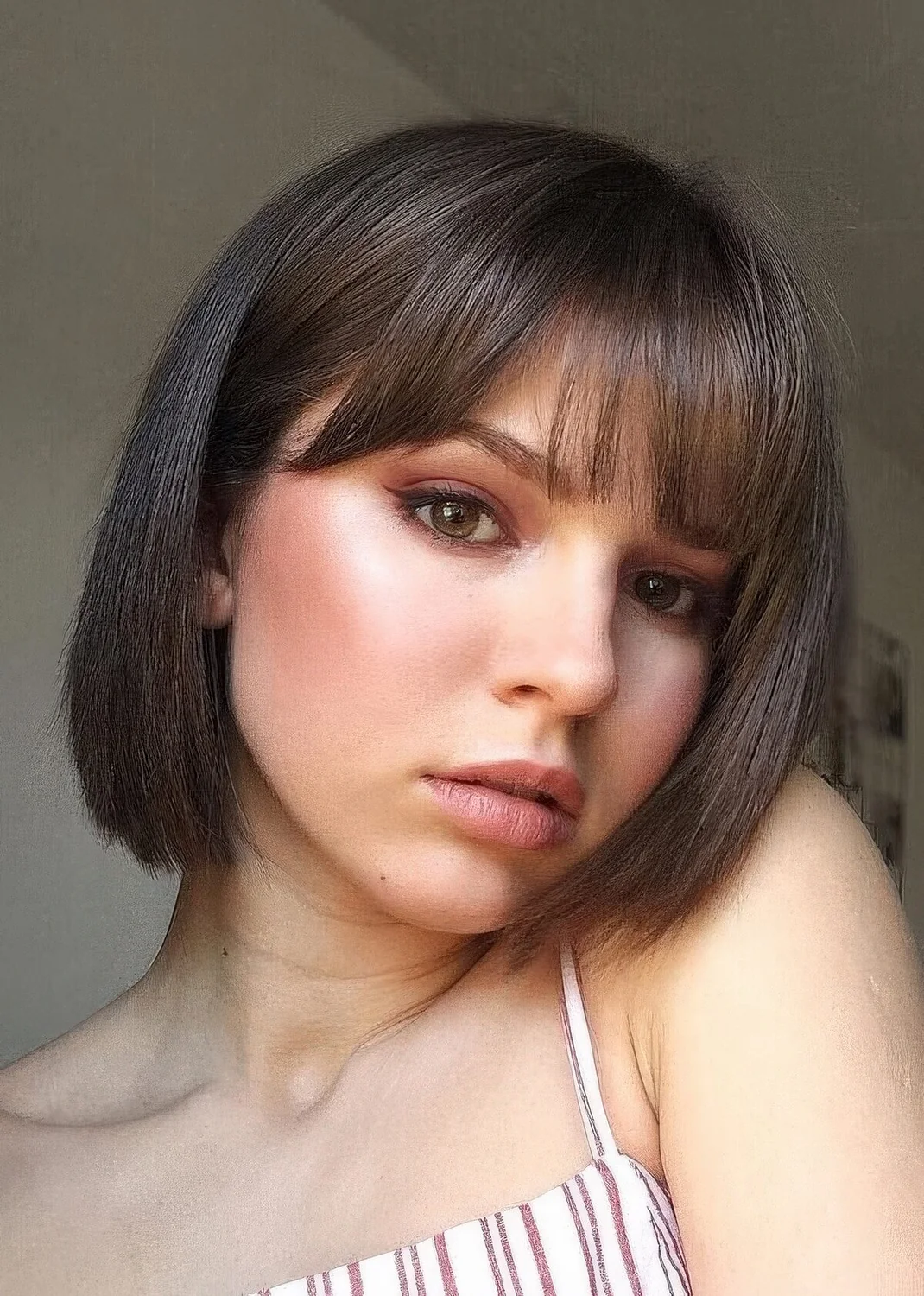 Shower brunette bob with curtain and fringe bangs.
