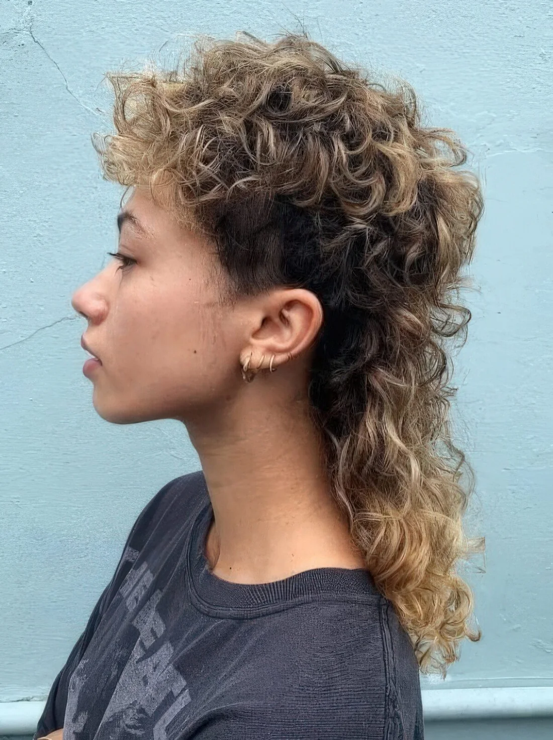 Mullet on longer hair with a definite shift between the fullness at the crown and the hair at the back.