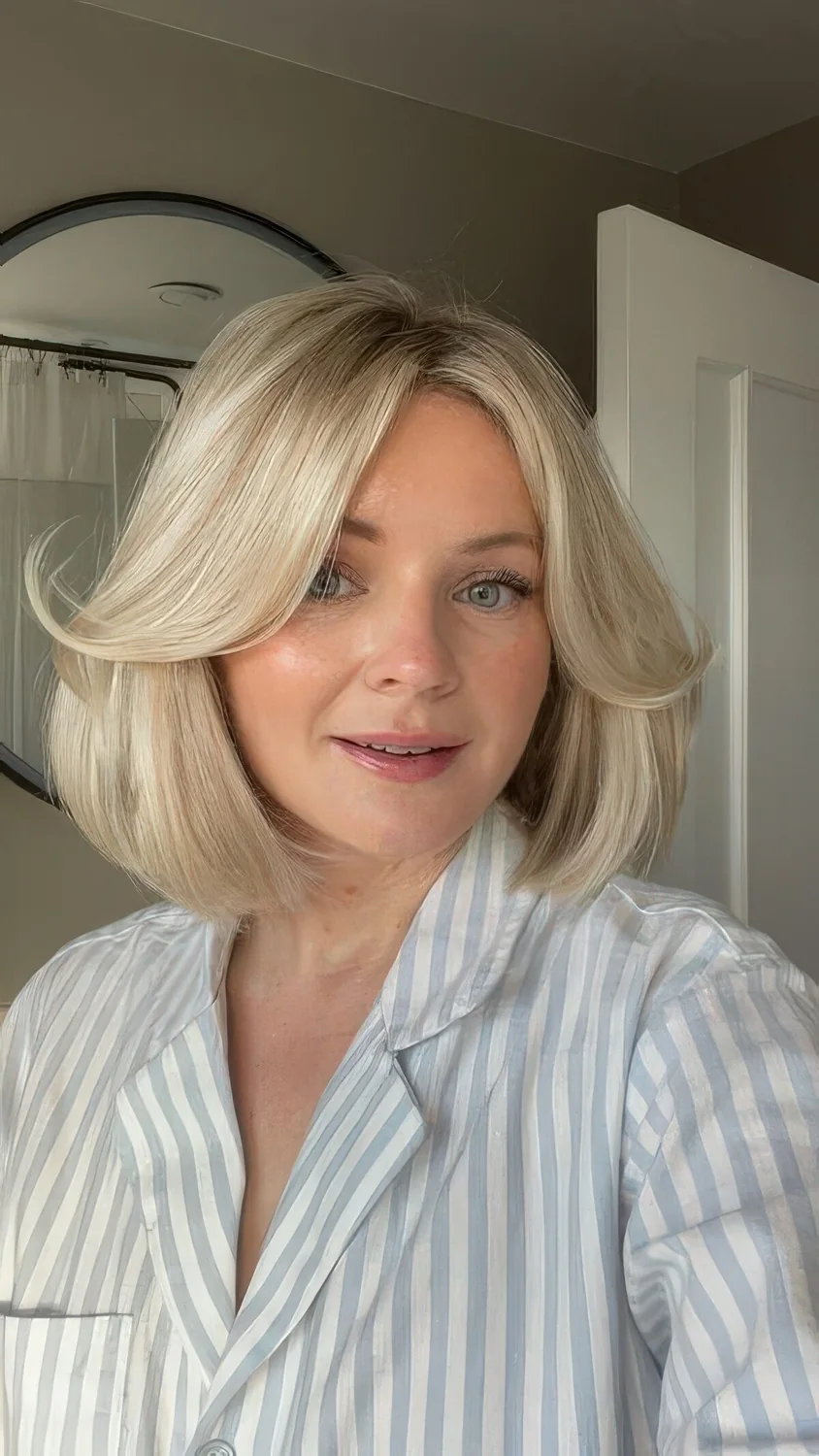 Photo showing blonde butterfly bangs, with the hairstyle clearly visible.