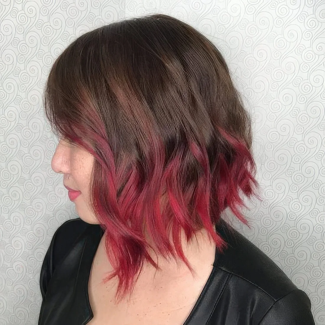 Bob from dark brunette to hot red, with layers and waves.