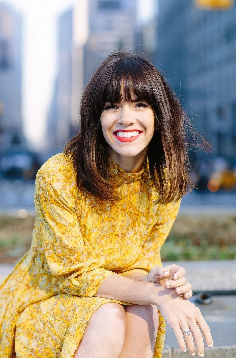 Photo showing medium cut piecey bangs, with the hairstyle clearly visible.