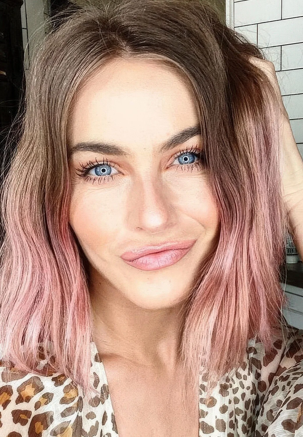 Brown lob with pastel pink with an ombre effect.