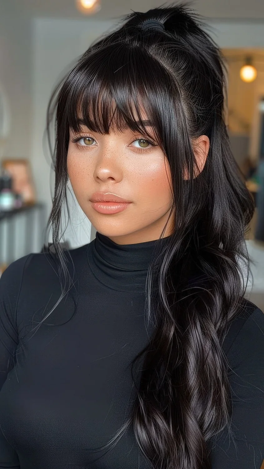 Messy wavy high long ponytail, a volume on top and layered bangs, classic and curtain ones, are a super cool everyday hairstyle.