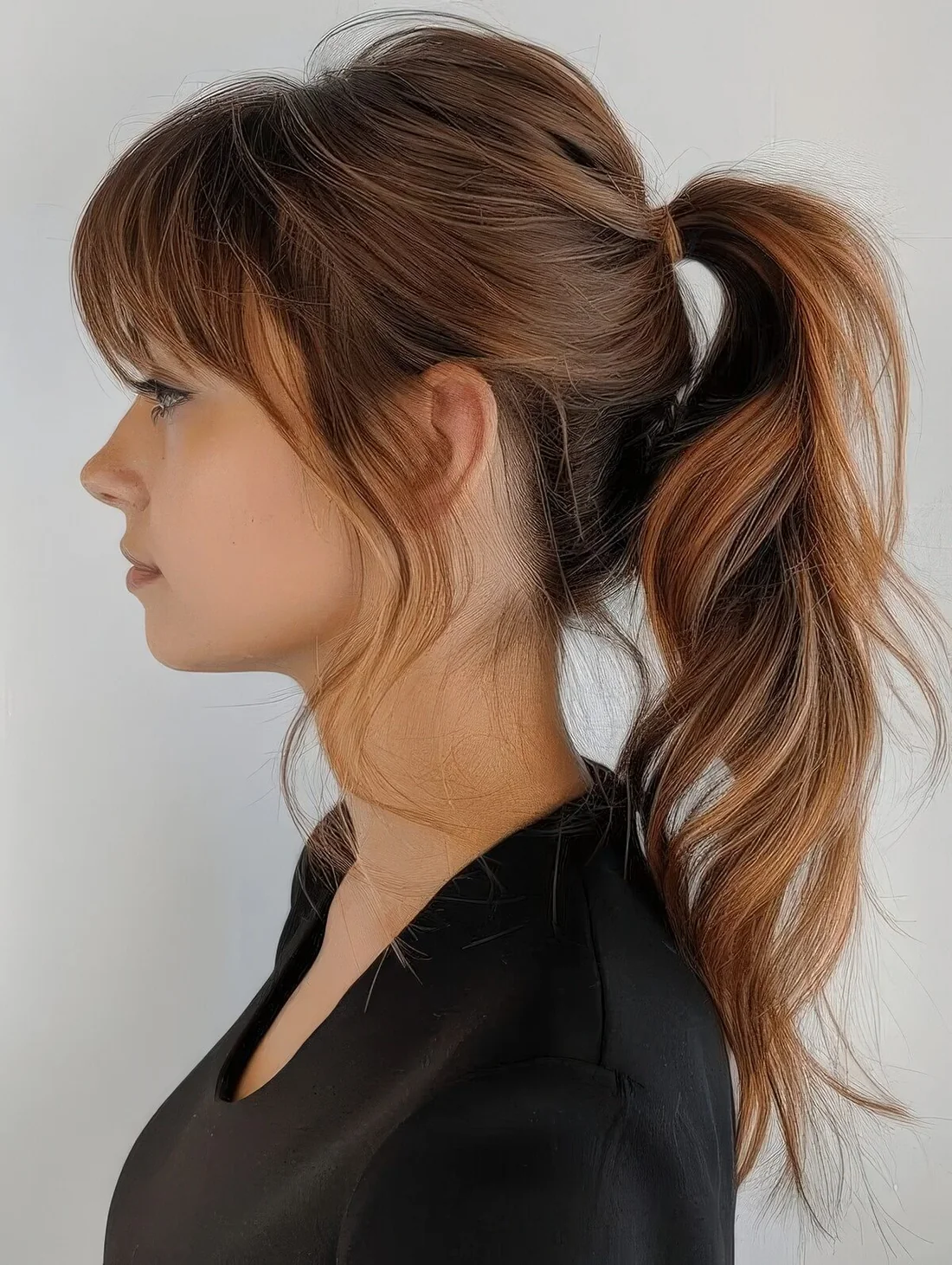 Messy wavy midi ponytail with a bump on top and layered bangs, classic and curtain ones.