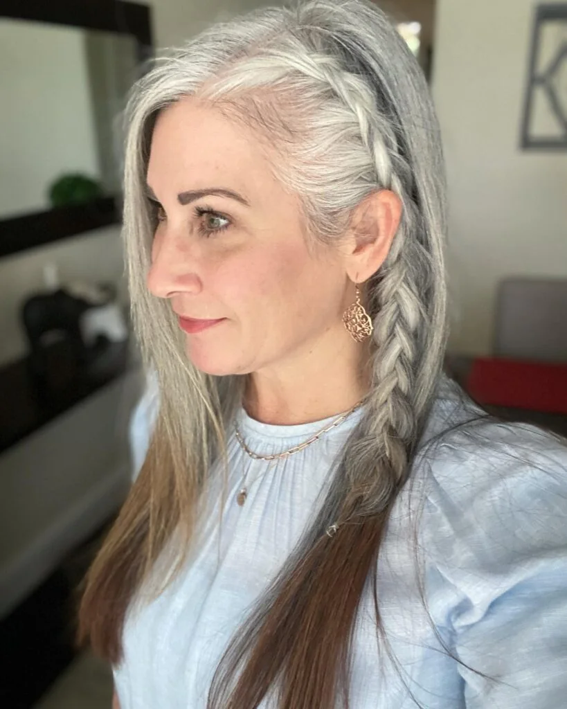 Narrow Side Braid With Loose Gray Hair.