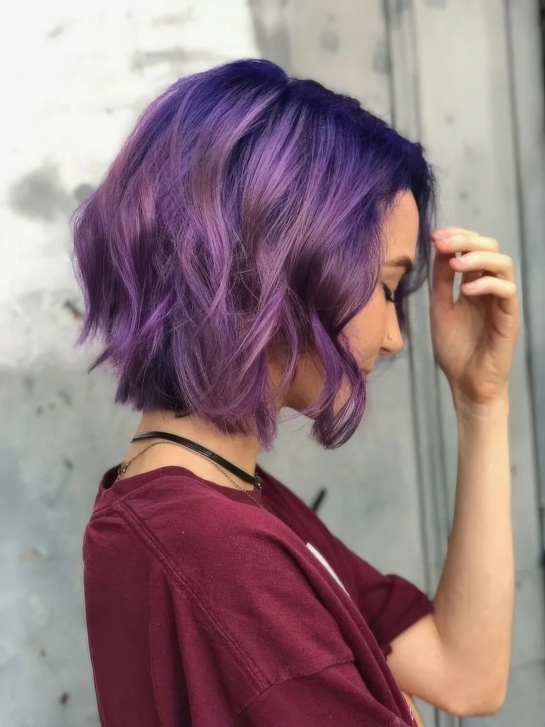 Purple midi bob with a navy root and waves.